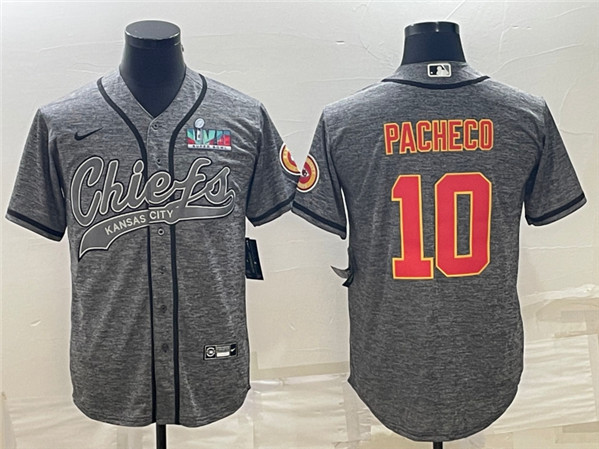 Men's Kansas City Chiefs #10 Isiah Pacheco Gray With Super Bowl LVII Patch Cool Base Stitched Baseball Jersey - Click Image to Close